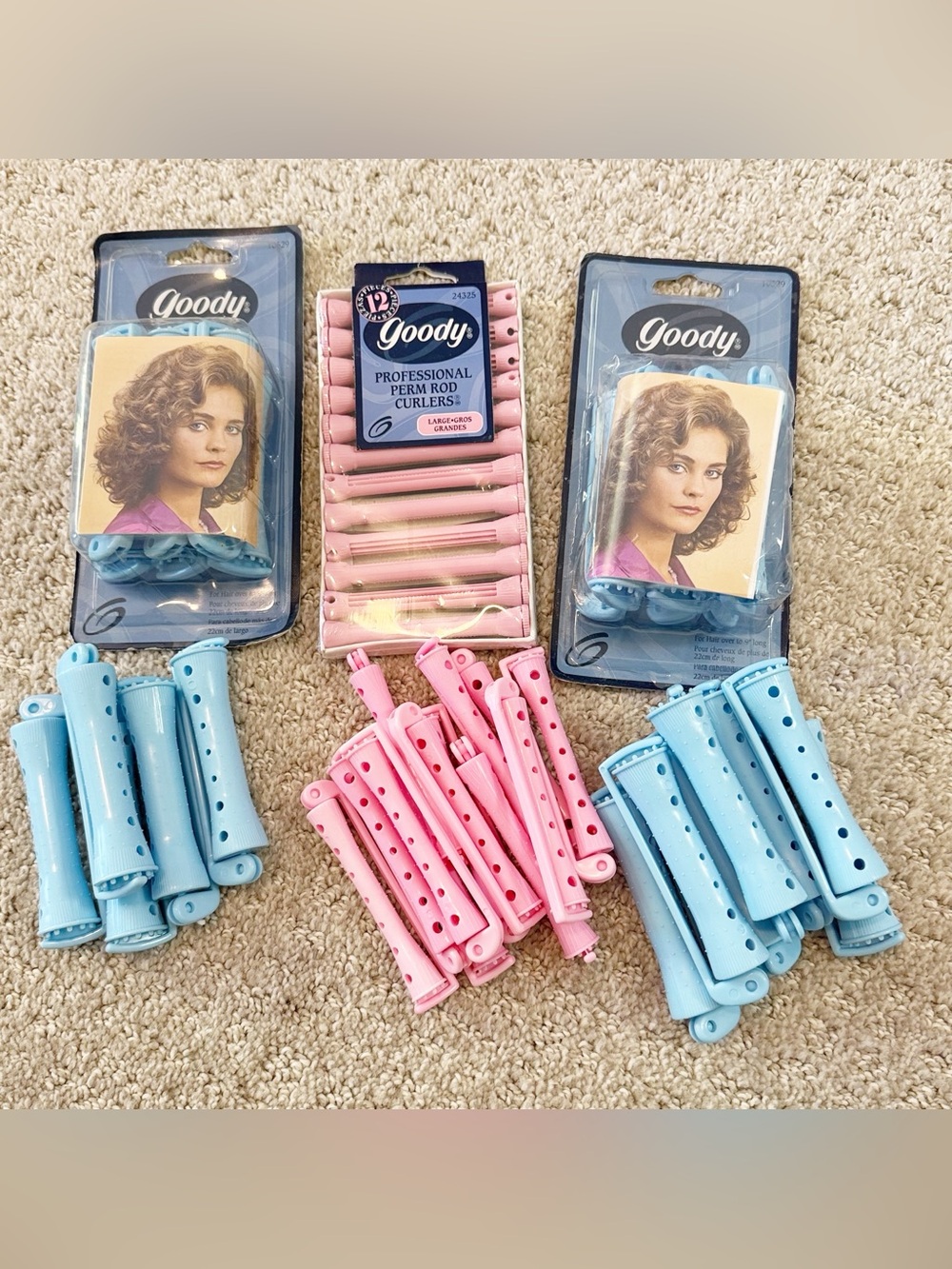 Vintage Goody Perm Rod Rollers with Swing Arm Large Lot Pink Blue Large USA